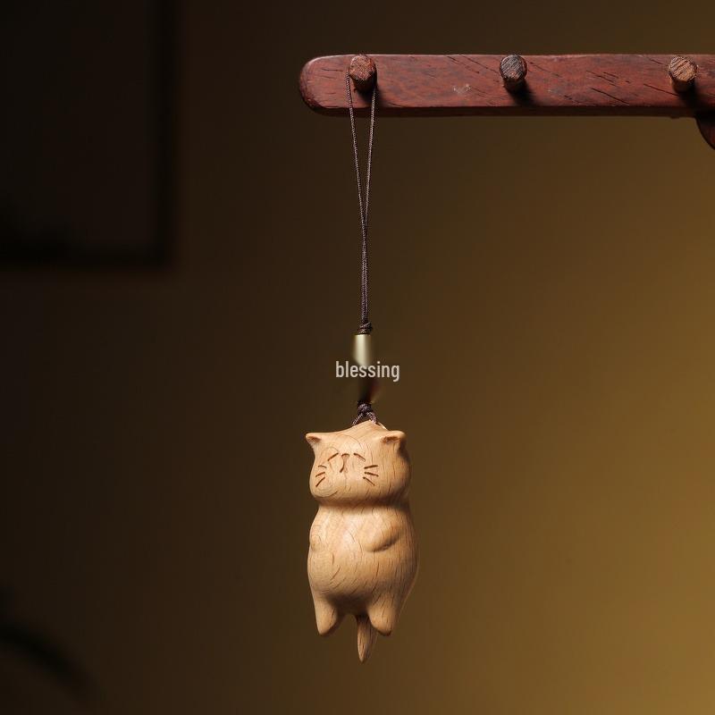 Beech Wood Carved Kitten Pendant - Cute Hanging Ornament & Creative Wooden Accessory