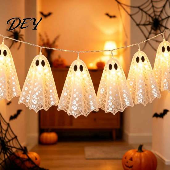 Easy Install Decorative Lighting Halloween Decoration String Lights, with Sequin Fabric Decor, Battery Operated Lightweight Hanging Ghost Party Lights