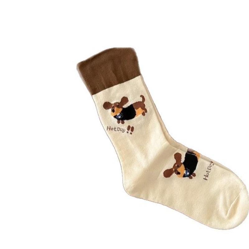 Autumn and Winter Versatile Three-dimensional Cartoon Socks for Women, Pure Cotton Colorful Dot Striped Fringed Dachshund Mid-calf Socks in Trend