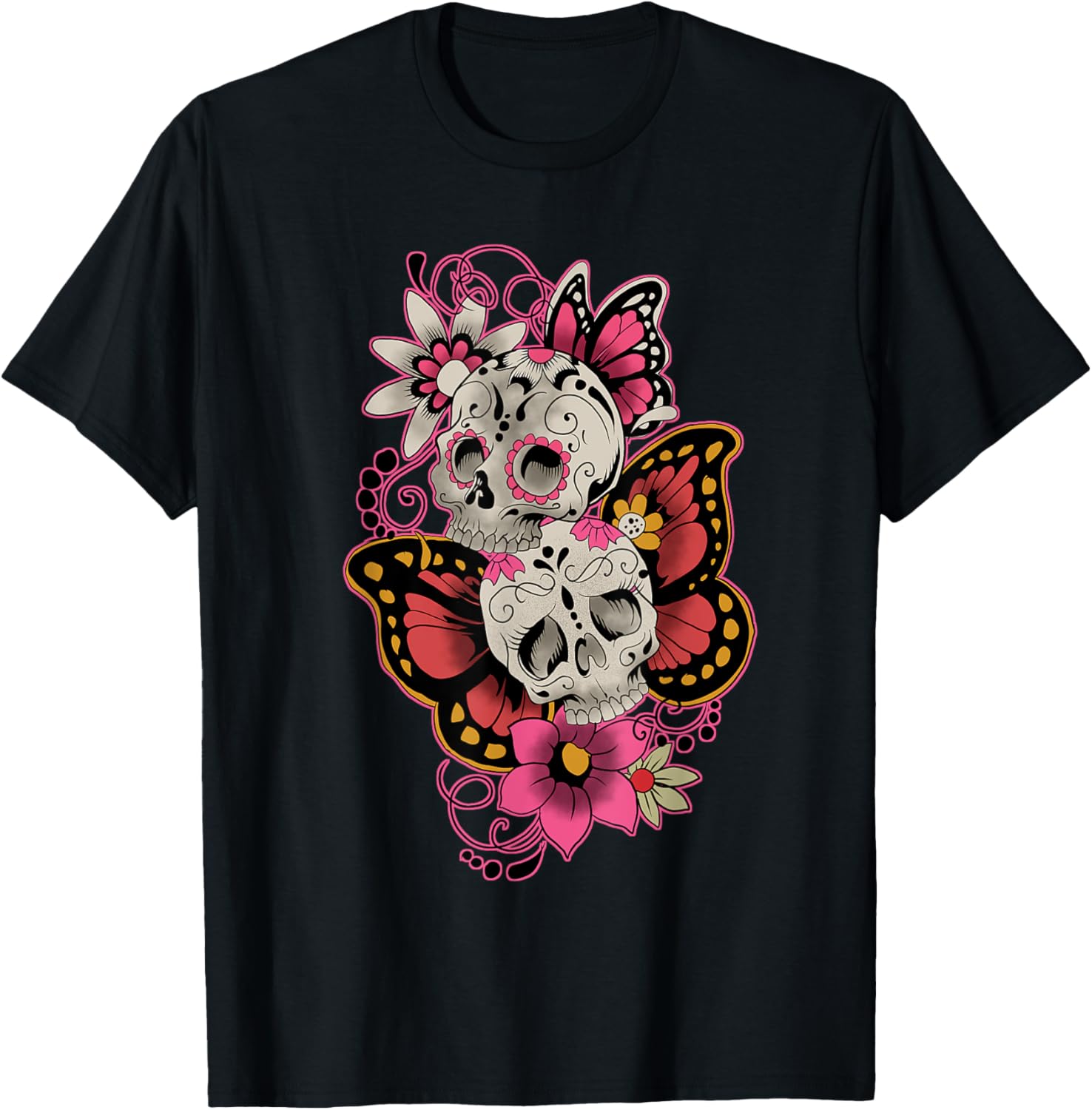 Sugar Skull Butterfly Flowers Day Of The Dead Men Women T-Shirt M