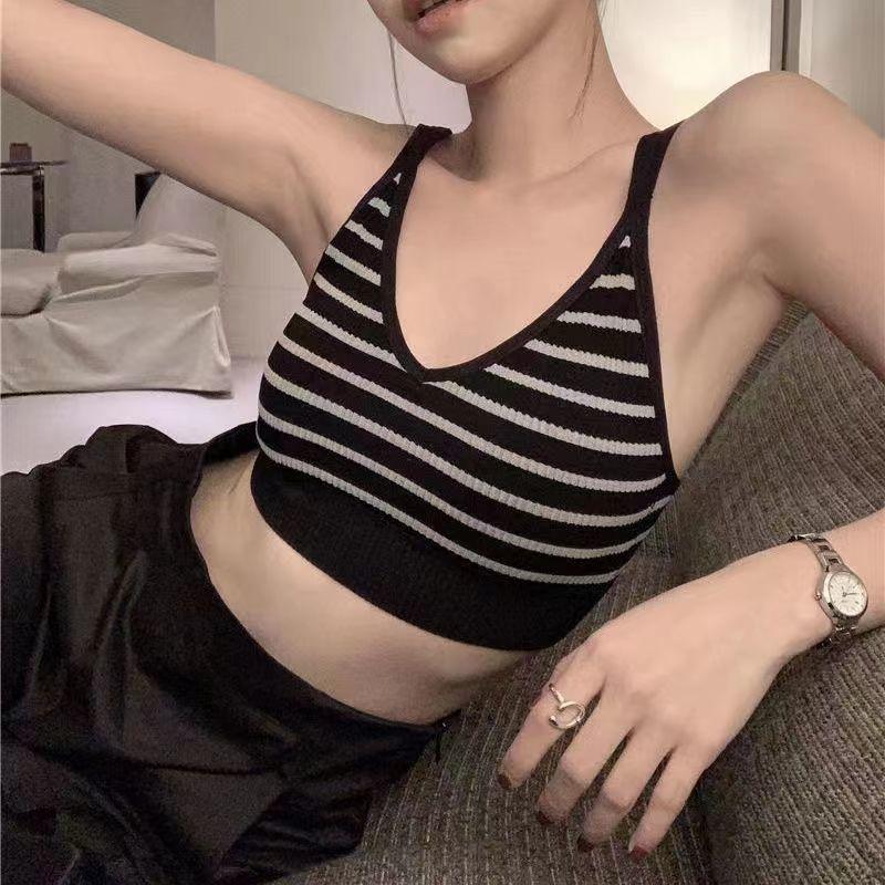 Camisole Bra One-Piece Padded Anti-Slip Versatile Student Solid Color Stripe Small Sling Camisole Underwear