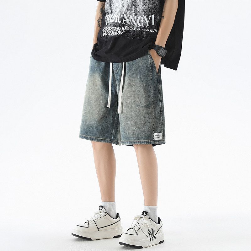 Men s Loose Straight-Leg Denim Shorts, Summer Thin Casual Mid-Length Pants with Drawstring Elastic Waist, Five-Point Pants Light Blue(Kunjue 505) S