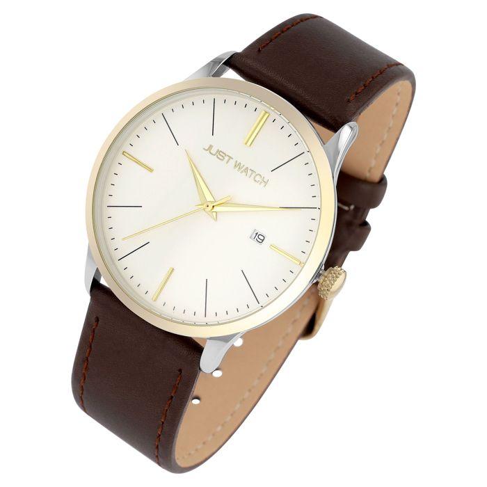Montre homme - Malik - Cuir marron - Boîtier rond 41 mm doré - Étanchéité 5 ATM
