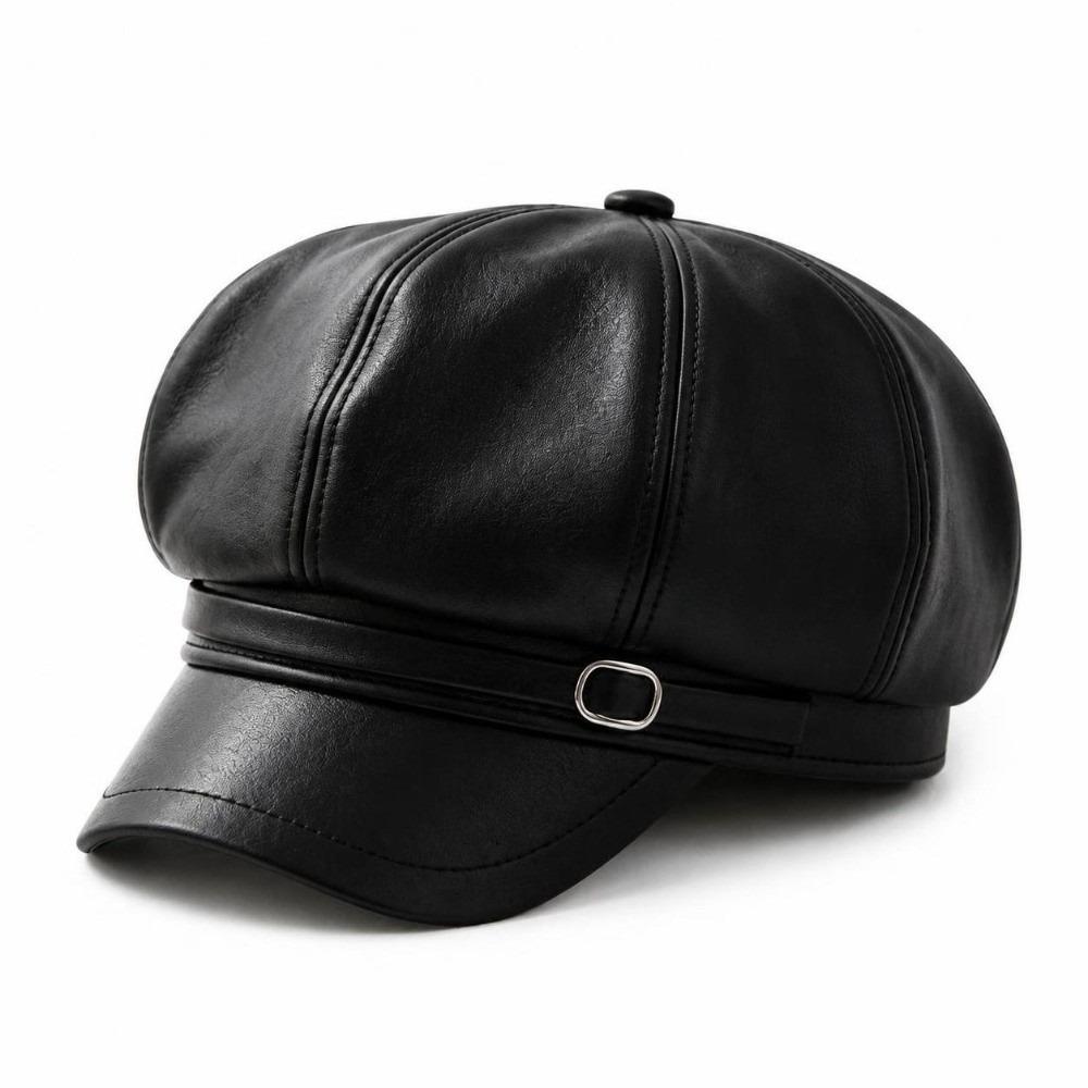 Octagonal Beret Hat Metal Buckle Strap Octagonal Cap Vintage Baker Boy Cap  For Women