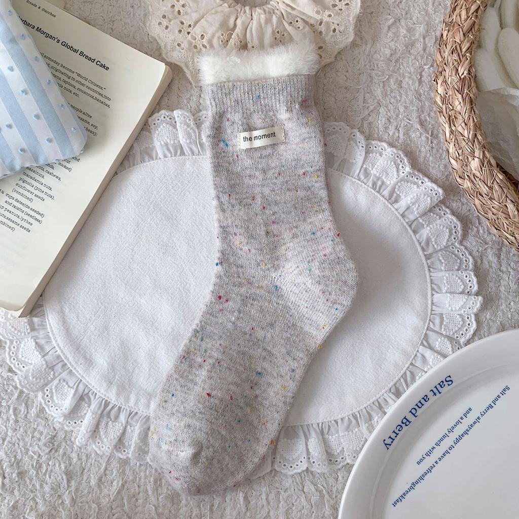 Dot Yarn Wool Socks Children'S Letter Cloth Label Medium Tube Socks Thermal Thickened Plush Stacking Socks