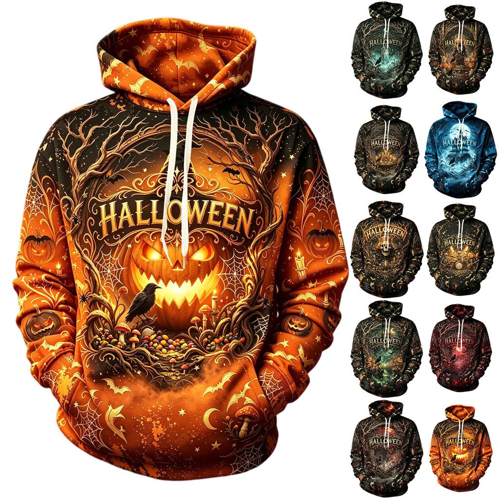 Men's Casual Hoodie Long Sleeve Sweatshirt with Halloween Graphic Print for Fall