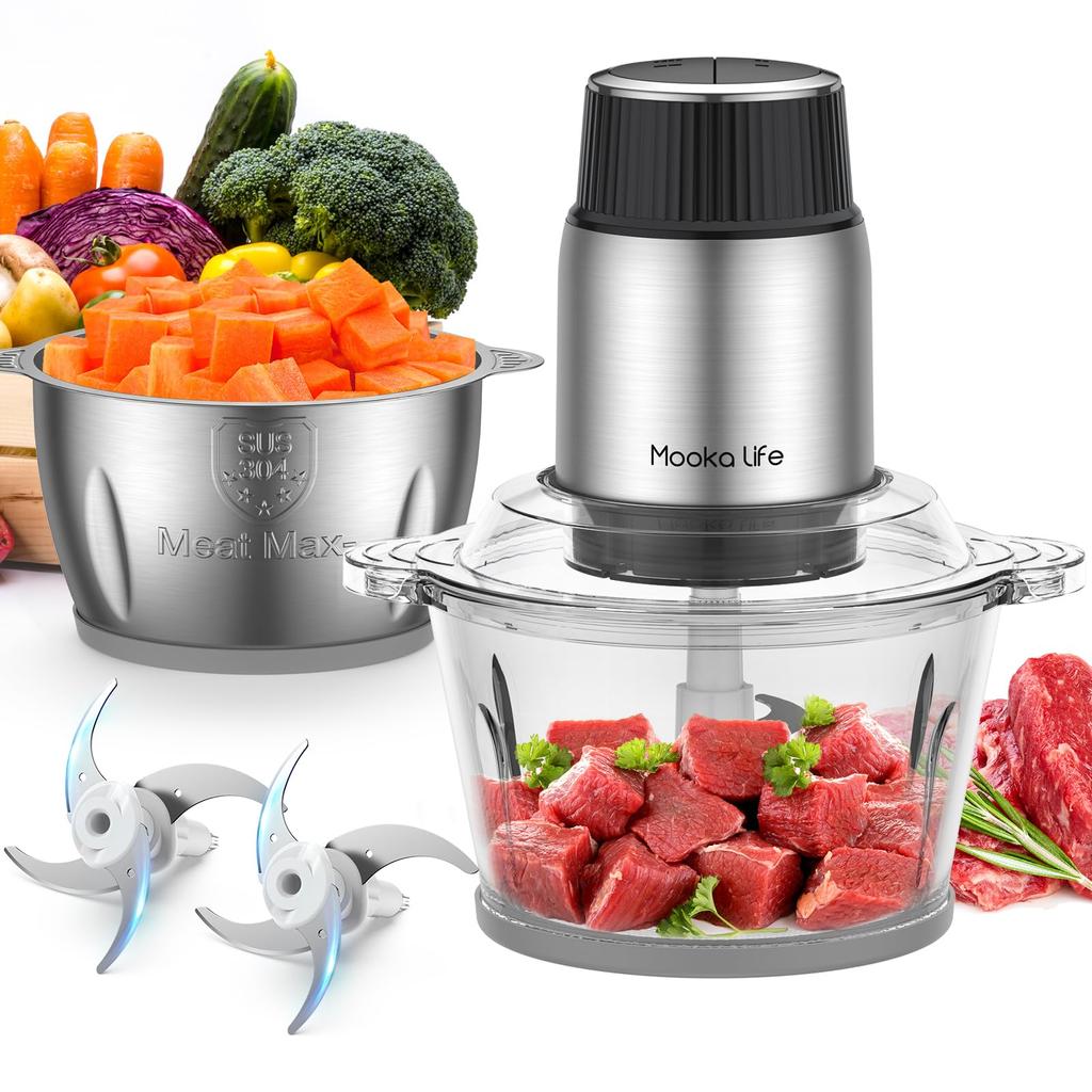 MOOKA LIFE Food Small Large Capacity 2 Types of 5 Functions in 1 500W High 2 4 Food Baby Washable Processor, [2L & Bowls] (Chopping, Mixing, Mincing,