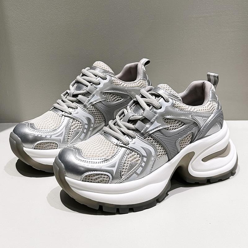 

Women Casual Thick Sole Mesh Breathable Height Increasing Tenis Shoes Lace Up Sneakers Women Thick Sole Casual Sneakers 35-40 40 серебряный