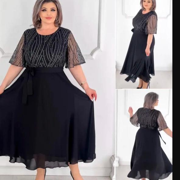 2025 Trendy Plus Size Women's Mesh Lining Dress with Five Sleeves