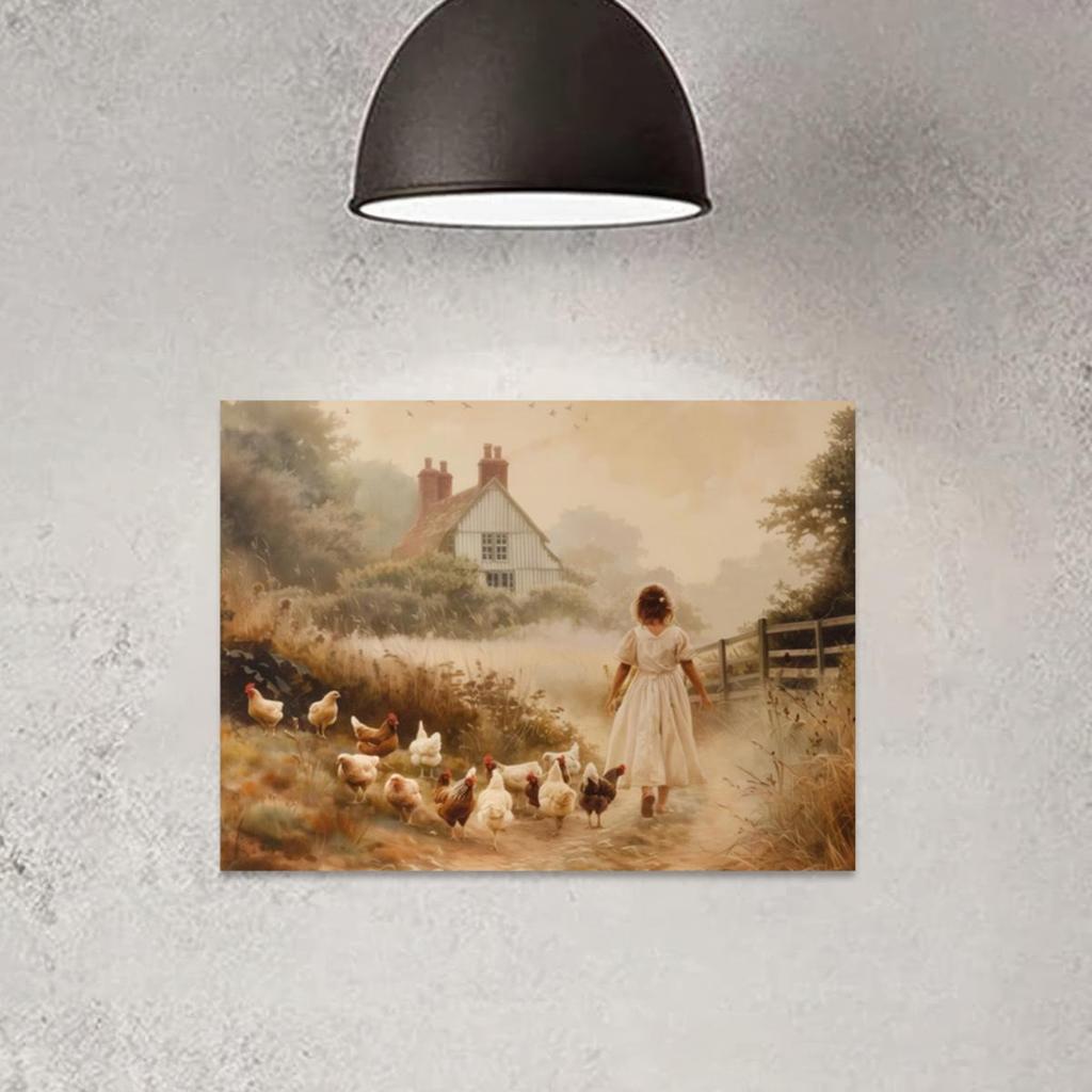 Charming Farmhouse Girl with Chick Canvas Art - Vintage Style Printed On Canvas Home Decor Wall Art Pictures For Living Room