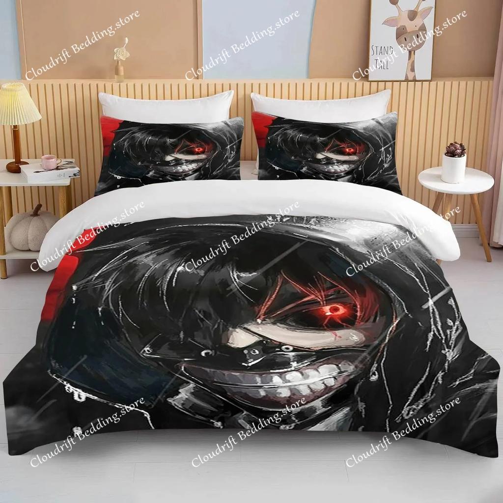 Neues Japan Tokyo Ghoul Bettwäscheset Kaneki Ken Anime Bettwäscheset Schwarz Weiß Bettbezugset Junge Heimtextil 3D Steppdecke Bettwäsche
