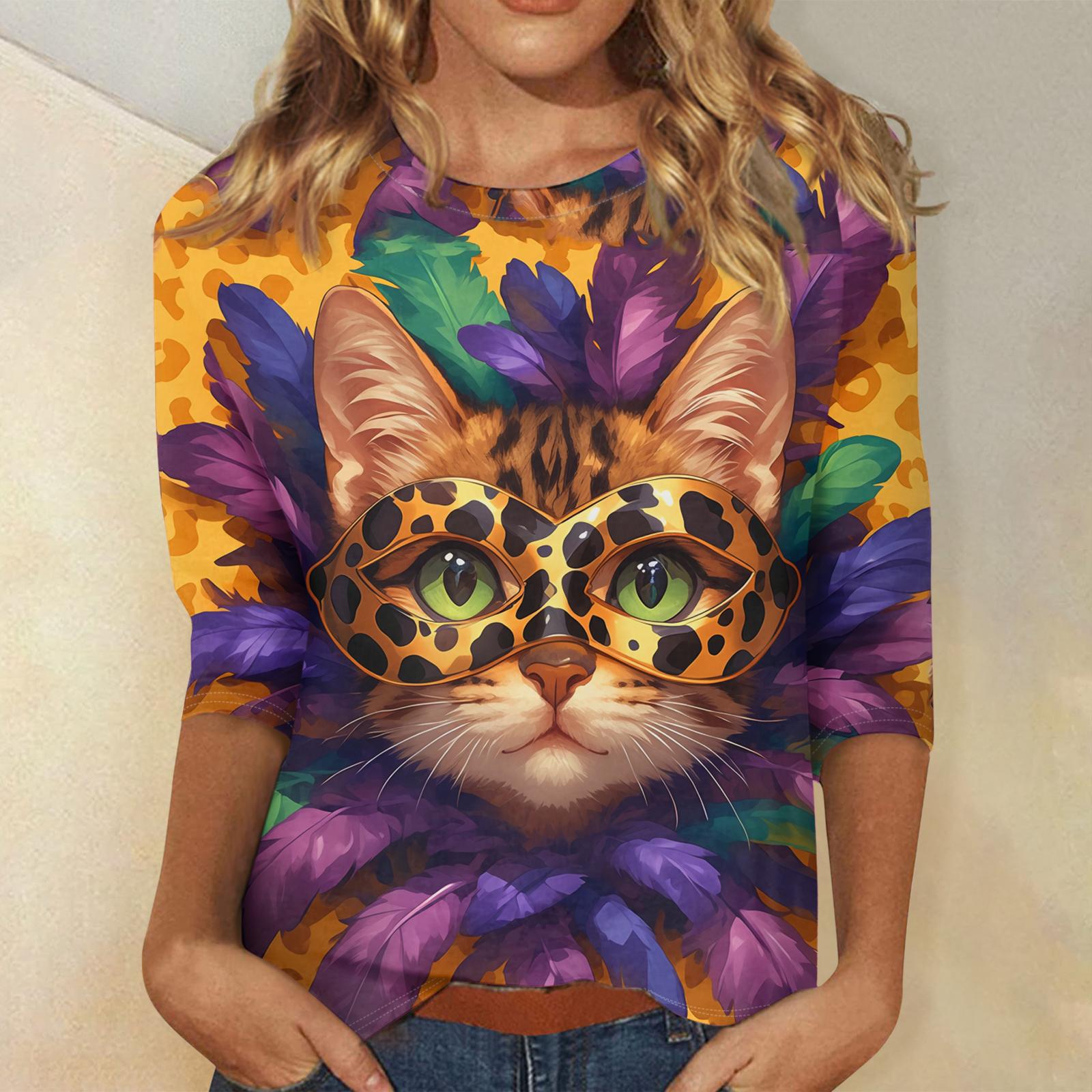 Ladies  Carnival Printed Fashionable Casual Seven Sleeve Round Neck Top L