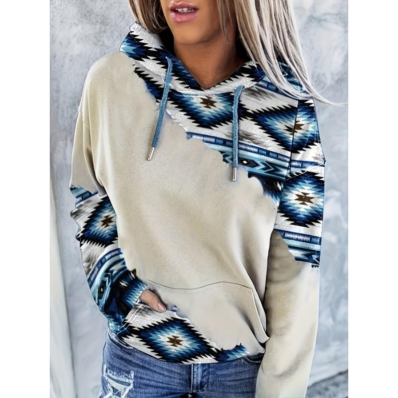 Vintage-Inspired Western Print Sweatshirt - Soft, Casual, Drawstring hoodie with Pocket for Women Long Sleeve Pullover Design