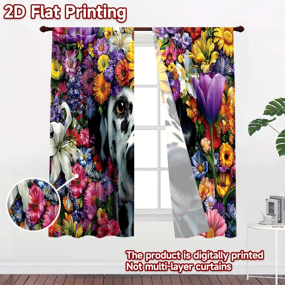 2D flat printing 2pcs Window Curtains Dalmatian Dog Flower Crown Digital Printed Polyester Drapes Family Party Perfect for Room