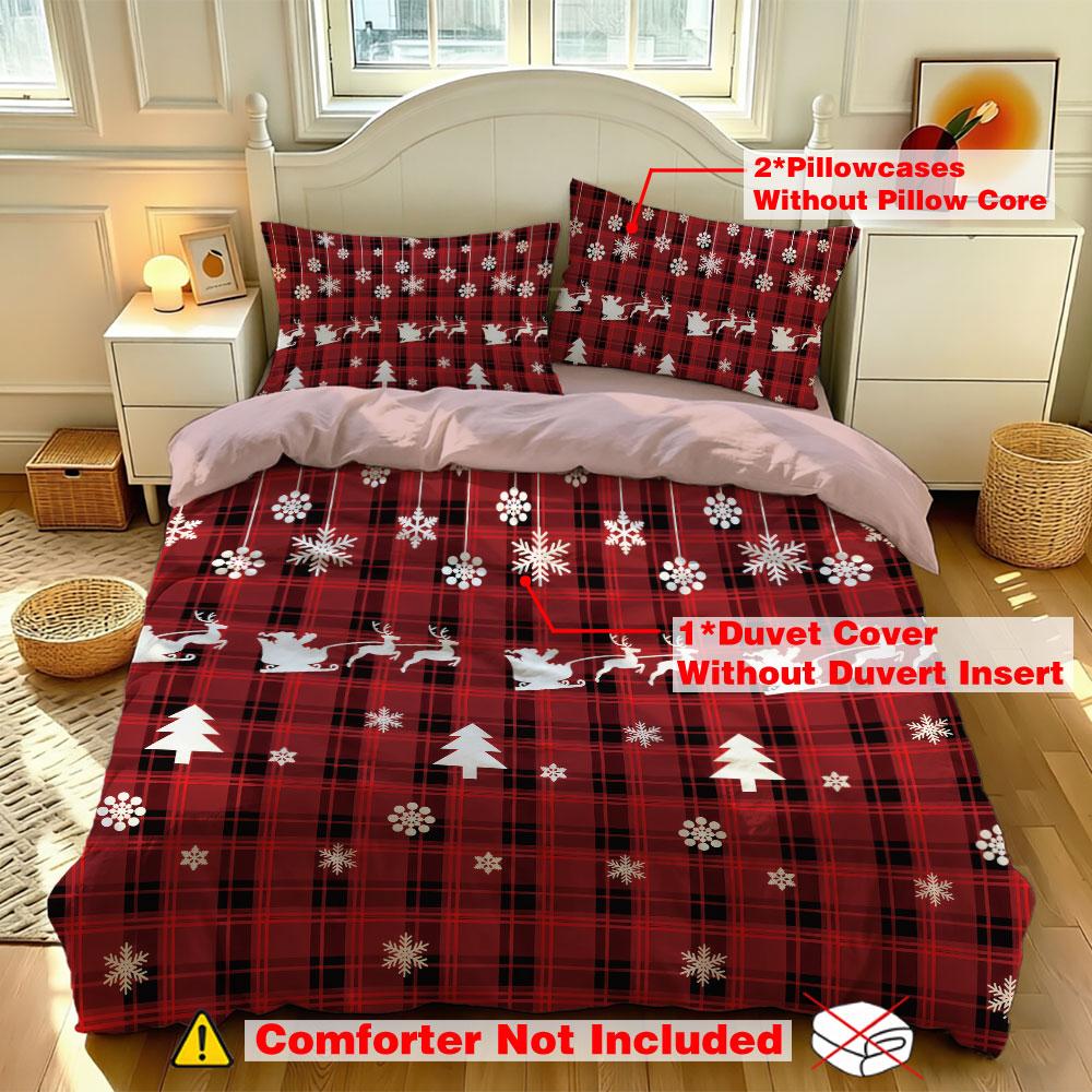 A three-piece red plaid Christmas-themed bedding set featuring decorative patterns. Machine-washable and super soft