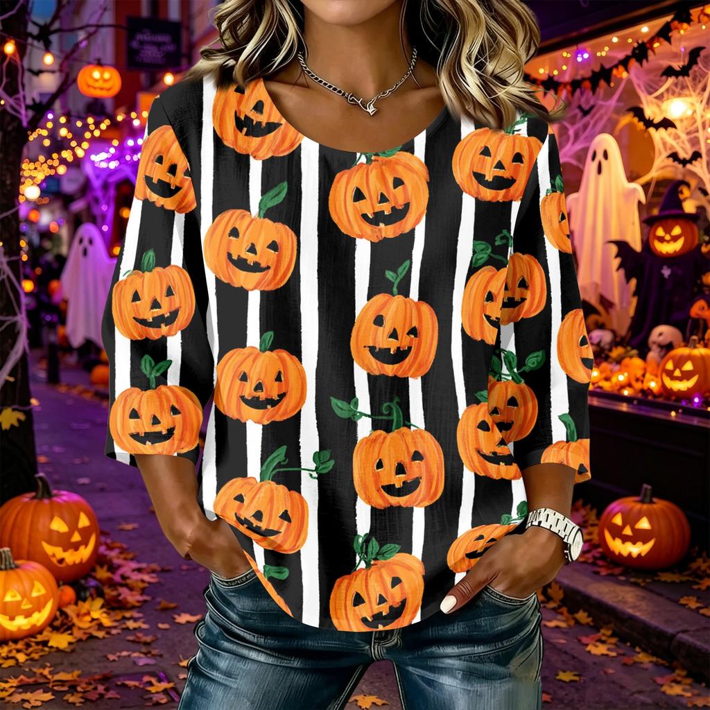Women's Casual Halloween Print Round Neck Three Quarter Sleeve Linen Cotton Blend Top Comfortable Loose Fit Autumn Shirt
