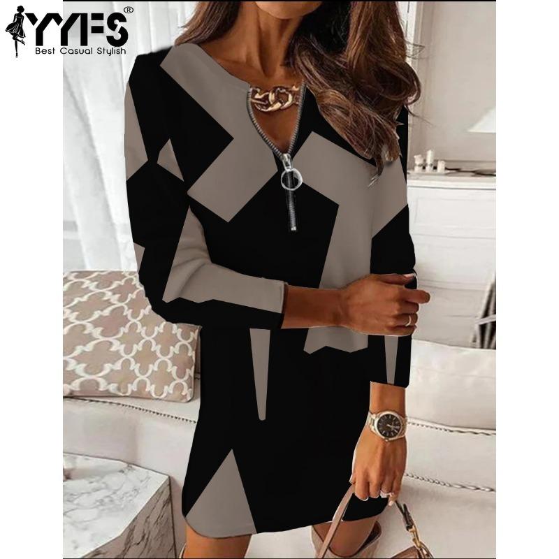 

YYFS Женские модные весенне-осенние повседневные платья с длинным рукавом и v-образным вырезом