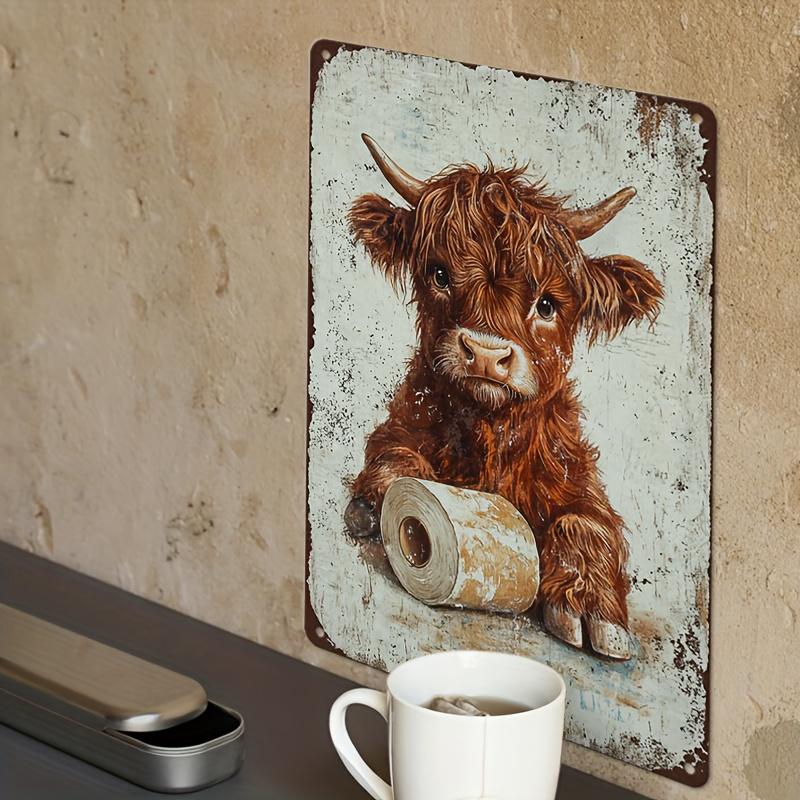 Vintage Highland Cow Metal Tin Sign - 1pc, 8"x12", Rustic Wall Decor with Weathered Look, Ideal for Man Cave, Bathroom, Home Dec