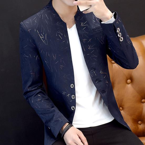 Herrkavaj Vintage Tryck Koreansk Stil Vår Höst Ståkrage Fickor Knappar Kavaj för Affärer