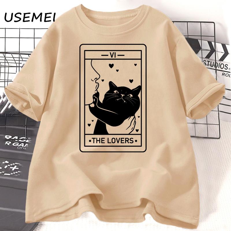 Tarot The Lovers T Shirt Cotton Short Sleeve Cat Lover T-shirt Crazy Cat Lady Graphic Tees Harajuku Casual Vintage Clothes Tees
