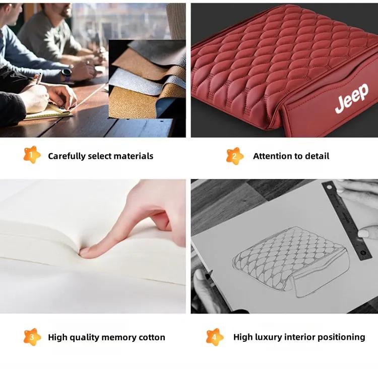 For Jeep Car Armrest Cover Mat Leather Waterproof Storage Box Pad For Jeep Grand Cherokee wk2 Wrangler JK Lanyard Gladiator A
