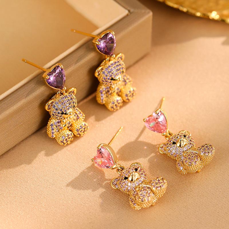 925 Silver Needle Micro-Inlaid Zircon Bear Earrings Women'S Niche Design Love Stud Earrings Fashion Temperament Earrings