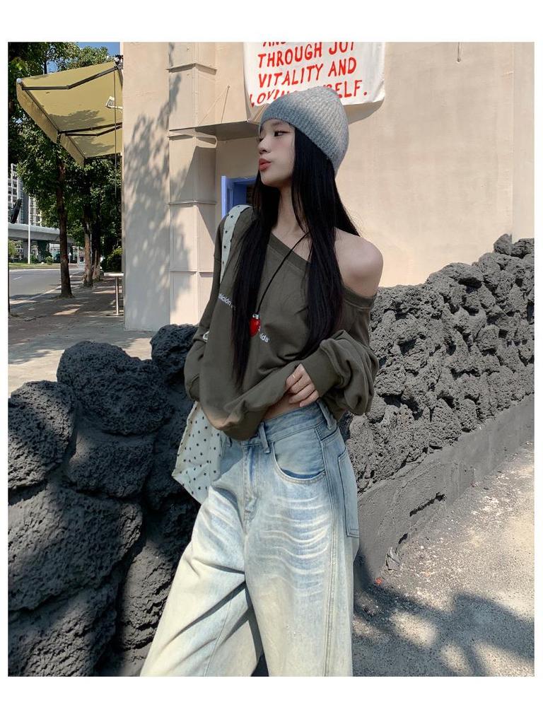 Damskie postarzane retro amerykańskie dżinsy: Jesień 2025 Luźne Szerokie Nogawki z Designem Drapanym