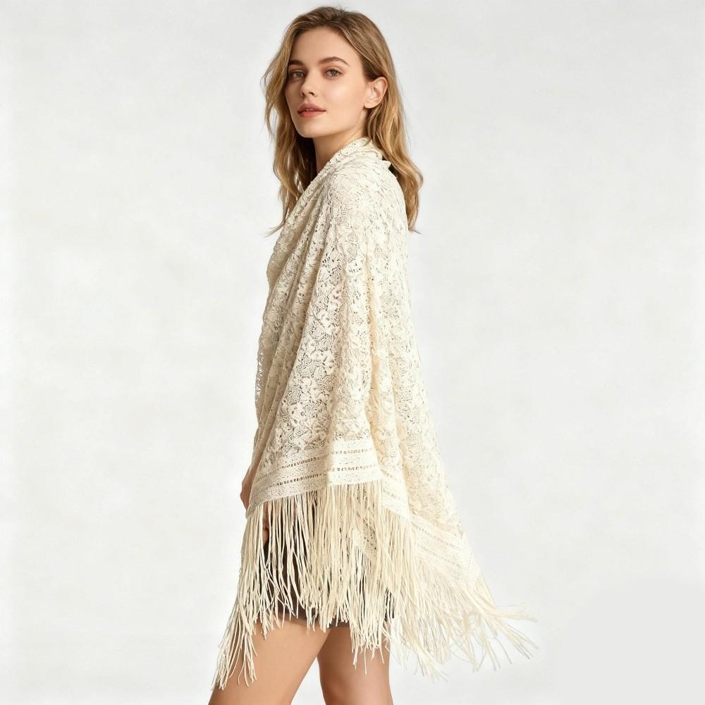 Versatile 140×140cm Lace Shawl Hollowed-out Design Breathable Tassel Shawl Elegant Evening Gown Shawl for Women