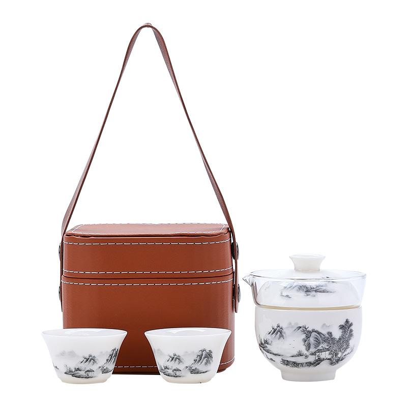 Ceramic simple outdoor travel tea set, one pot, three cups, express cup, portable storage bag, business gifts