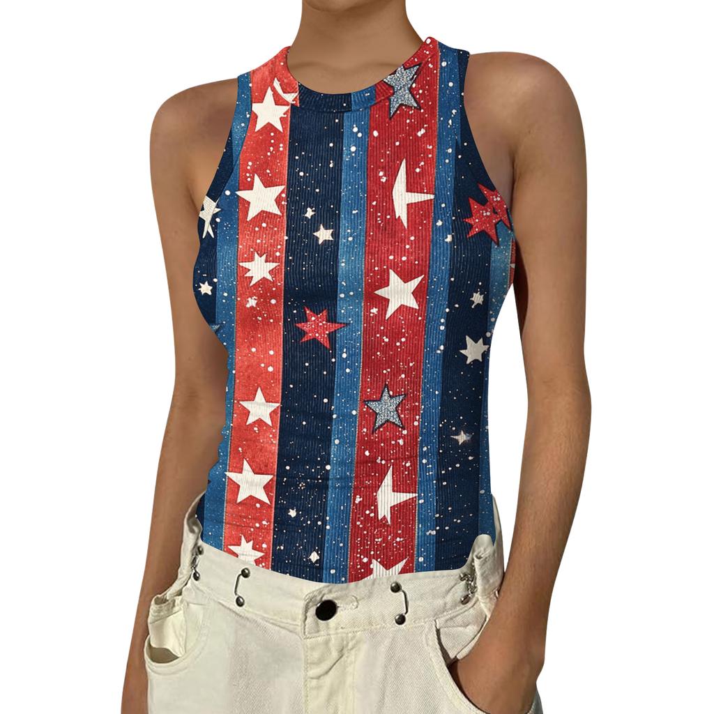 Women's Fashion Round Neck Independence Day Print Sleeveless Vest Top