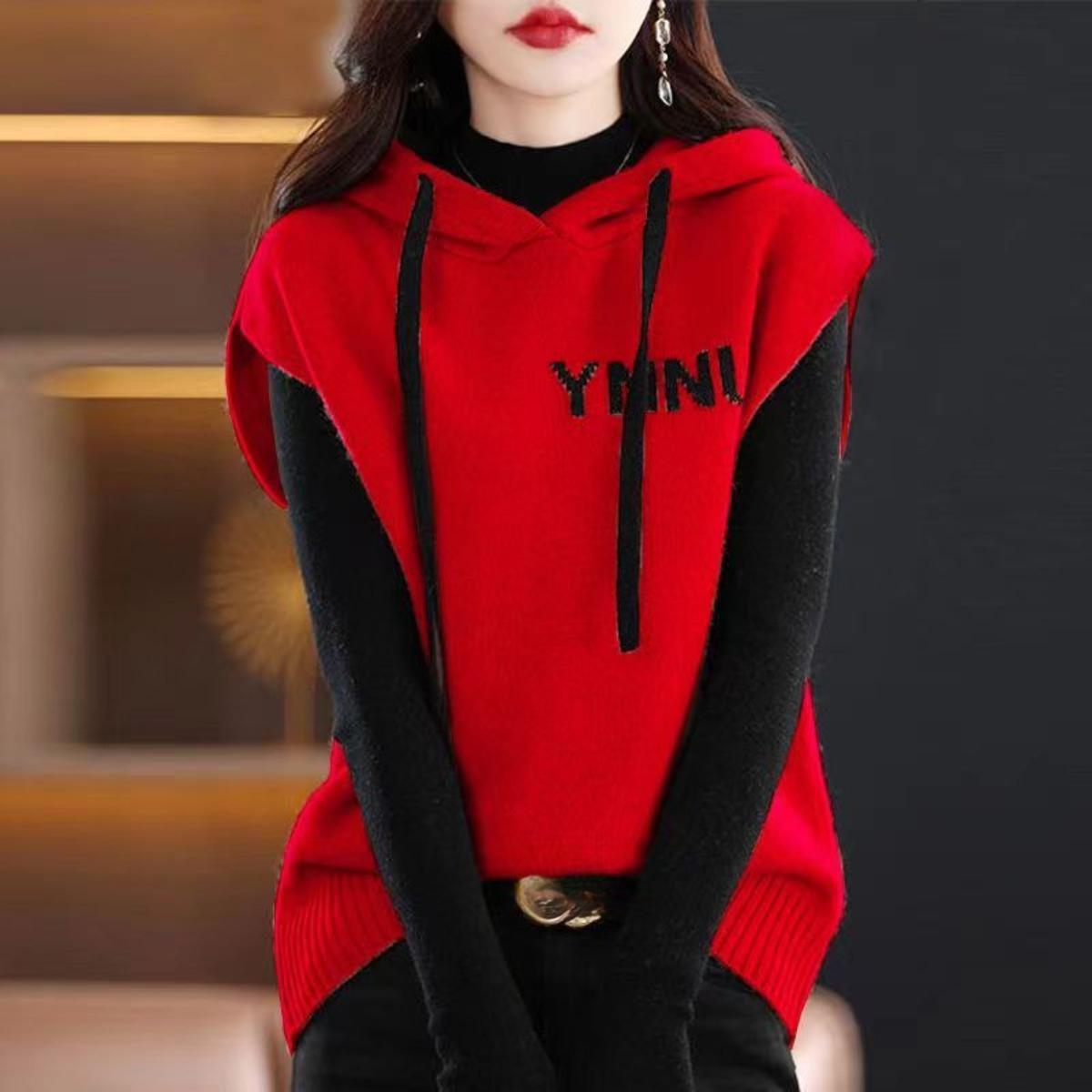 

Вязаный свитер с капюшоном, без рукавов, свободный, вязаный, жилет с цветными блоками для осени и зимы, стильная верхняя одежда XL красный