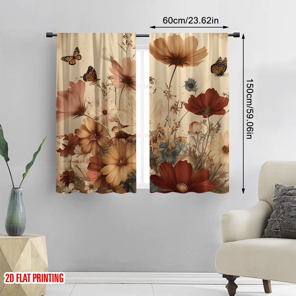 2pcs,2D Plane Printing Curtains Roller Blinds Butterfly Blooms Polyester Fabric (without Rod) Gifts Use for Living Room, Bedroom