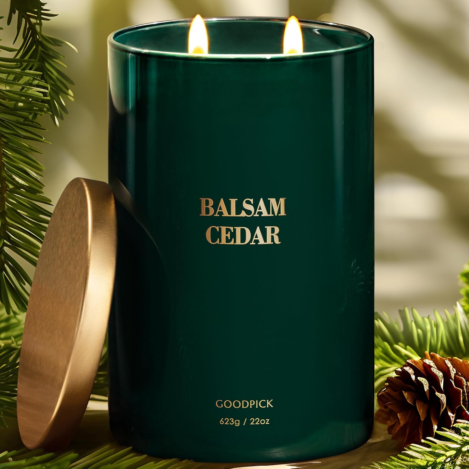Goodpick Balsam Cedar Candle 22 oz, Pine Candles for Home Scented, Winter Candle for Classic Luxury Aromatherapy, Big Green Soy Candles, Large Jar