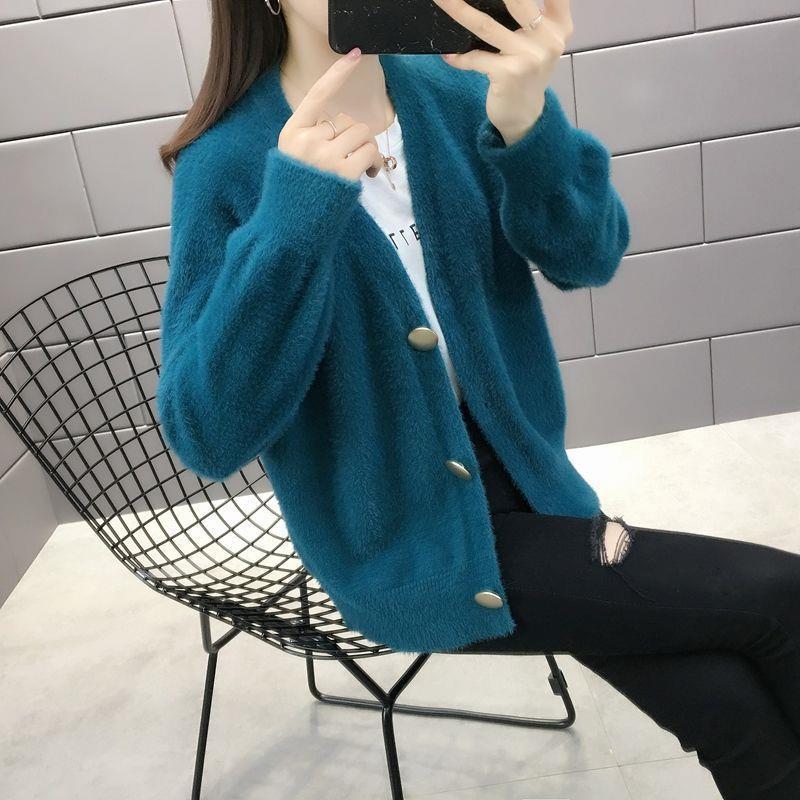 Women Mink Fleece Knitted Cardigan Jacket Pink Spring And Autumn Korean Sweater Femme Short Loose White Jacket Female