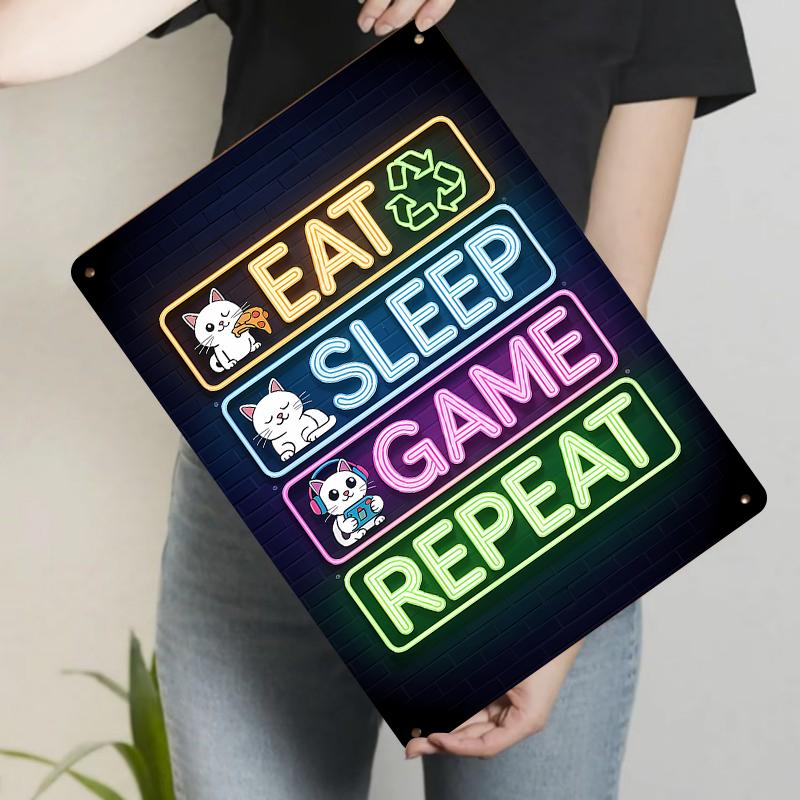 

Neon Cat Gaming Metal Wall Art Eat Sleep Game Repeat Decor for Living Room Bedroom Gamers Gift 20x30cm（7.8x11.8inch）