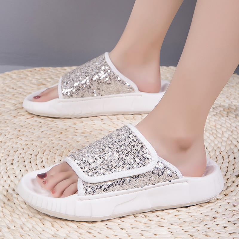New Cool Slippers Women's Summer Outer Wear Sequins High-end Thick-soled Beach Sandals Lazy Pregnant Women One-word Drag