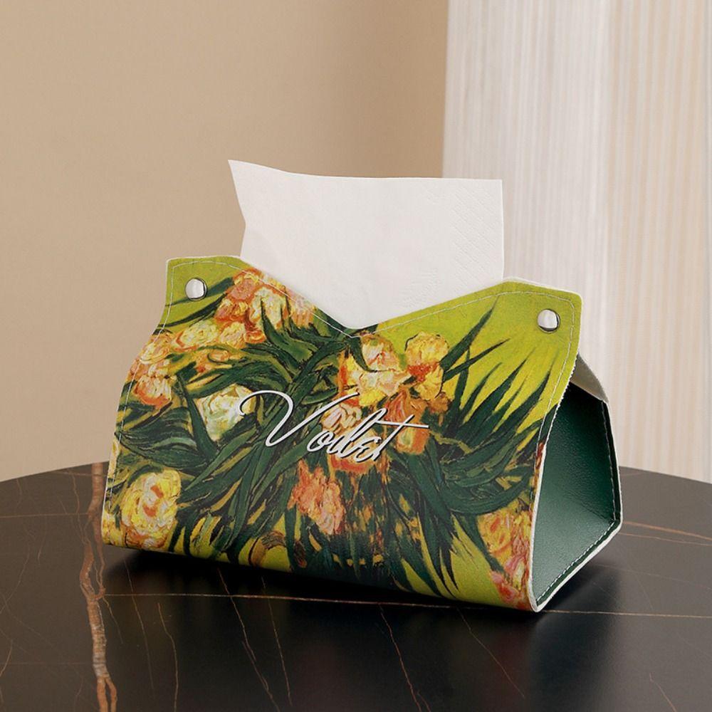Vintage PU Leather Tissue Box Holder Oil Painting Durable Napkin Container Decorative Car Tissue Box Bathroom
