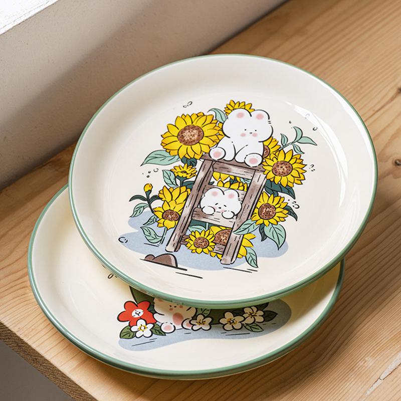 8.2 Inch Cartoon Rabbit Dinner Plate Ceramic Painting Serving Dishes Flower Bunny Dessert Tray Salad Plate Microwave Safe