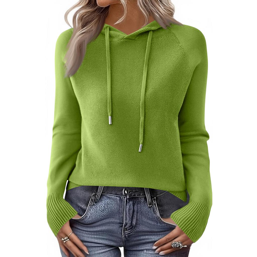 Ladies' Casual Solid Color Knitted Raglan Hooded Sweatshirt