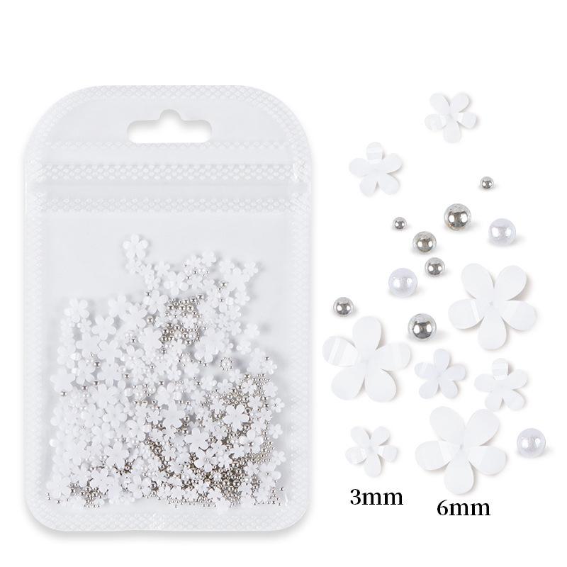 200pcs Five-Petal Nail Art Flowers with Gold & Silver Beads - White & Pink Resin Ornaments