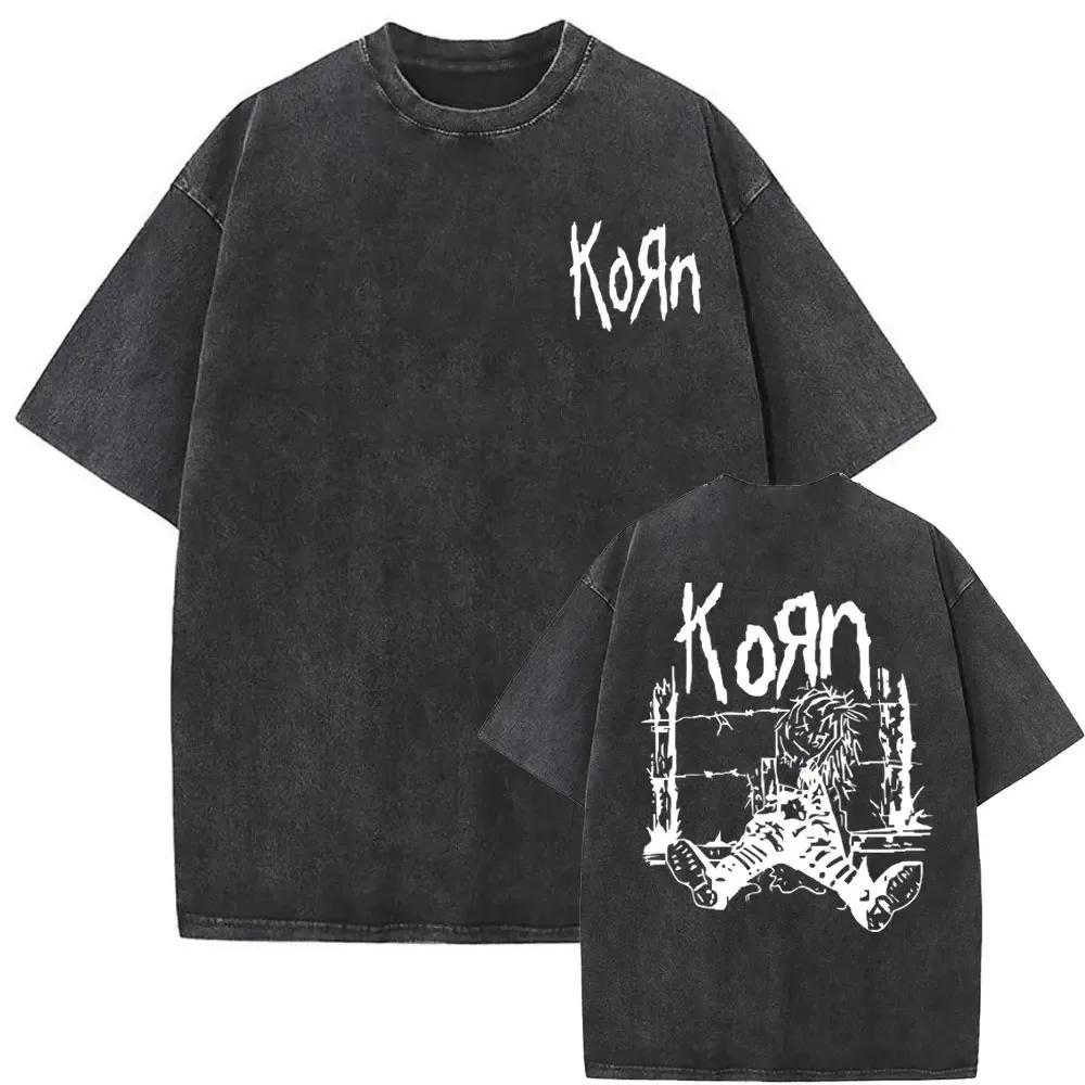 Fashion Gothic T Shirt Male Oversized Tees Washed Vintage Rock Band Korn Falling Away From Me Tshirt Skeleton Print T-shirts