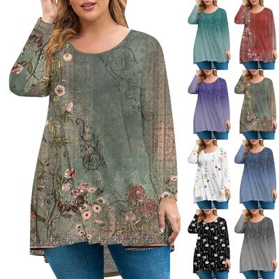 Women's Fashion Large Size Round Neck Long Sleeve Casual Print Loose Pullover Top