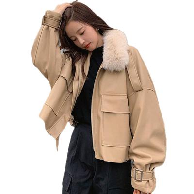 Women Pu Leather Jacket Short Winter Plush Thickened Cotton Parkas