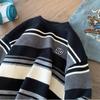 Unisex Oversized Striped Knit Sweater Fall Casual Round Neck Pullover Youth