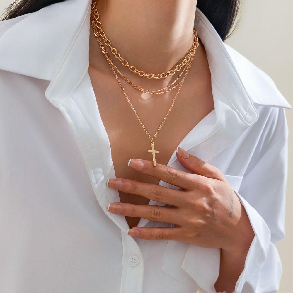 Adjustable Cross Pendant Thin Chain Multi Layer Prayer Necklace  Jewelry Accessories