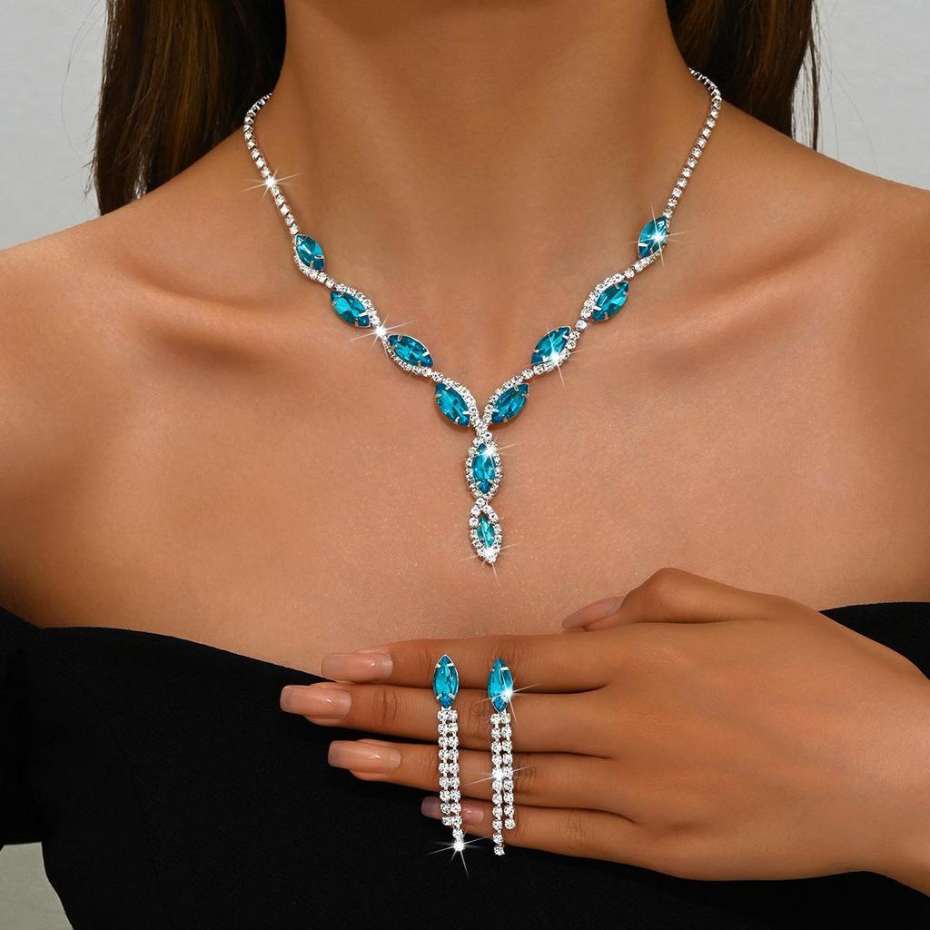 Marquis Cut Water Drop Necklace & Tassel Earrings Bridal Jewelry Set