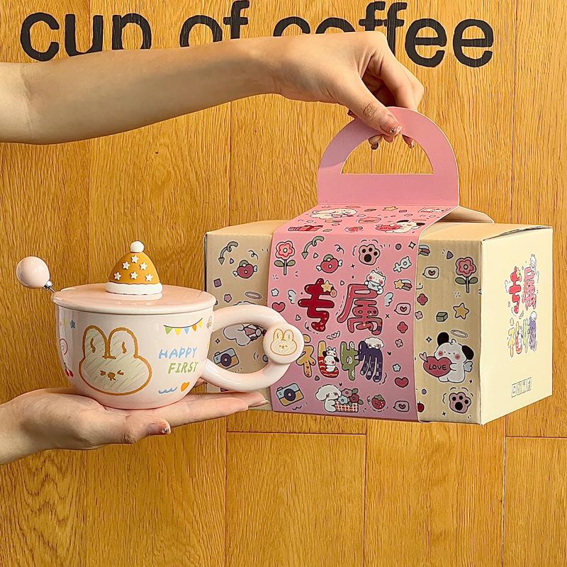 Gebt Mädchen Geburtstagsgeschenke, Cartoon-Hasenbecher, hochwertige Keramiktassen mit Deckel und Löffel und Geschenkboxen.
