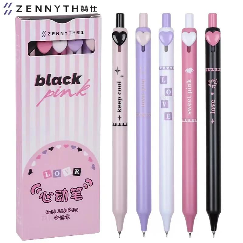 Nouveau 5 Pièces Motif Cœur Stylo Neutre Signature Kawaii Stylo Gel à Poussoir Fournitures Scolaires de Bureau Étudiant Papeterie pour Enfants Cadeau