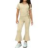 Girls Two Piece Outfit Short Sleeve Drawstring Top with Side Ruching and Flared Capri Pants Set Casual Wear for Kids