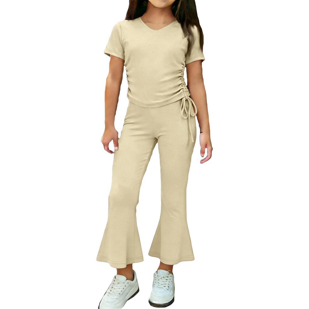 Girls Two Piece Outfit Short Sleeve Drawstring Top with Side Ruching and Flared Capri Pants Set Casual Wear for Kids